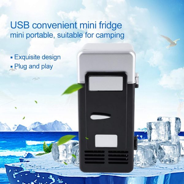 ⁦Mini Fridge, LED Compact USB Beverage Drink Cans Cooler/Warmer, Personal Cosmetic Fridge for Car, Skincare, Food, and Cosmetics (Black, 7.64 * 3.54 * 3.54in)⁩ - الصورة ⁦4⁩