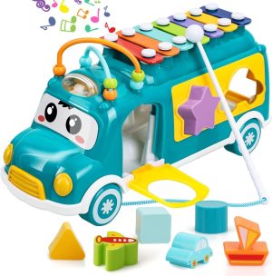 Baybee Multi-Functional Bus Toys for Kids With Xylophone, Shape Sorting Toy, Rollers, Counting Beads | Push Pull Along Toys | Musical Sound Toy | Learning Educational Push Toys for Kids Boys Girls