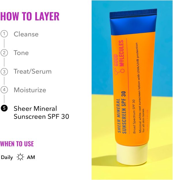 ⁦Good Molecules Sheer Mineral Sunscreen SPF 30 Minimal Whitecast Zinc Oxide Sunscreen with Hyaluronic Acid, Reef-Safe, UVA/UVB Protection - Skincare for Face⁩ - الصورة ⁦5⁩