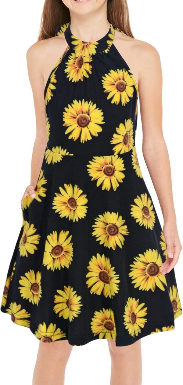 GORLYA Girl's Halter Neck Cold Shoulder Sleeveless Summer Casual Sundress A-line Dress with Pockets for 4-12 Years