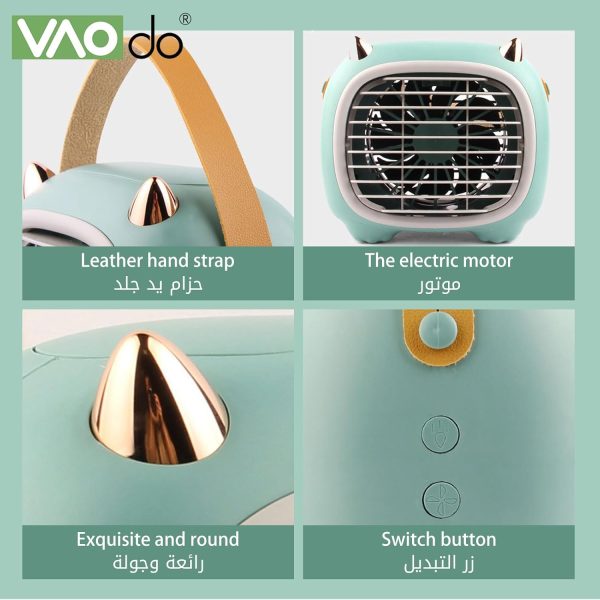 ⁦VAODO Portable Air Conditioner, Evaporative Air Cooler, Rechargeable USB Small Desktop Fan Air Conditioner, Refrigeration Spray, for Office, Bedroom, Car, Camping, Indoor Outdoor，Green⁩ - الصورة ⁦2⁩