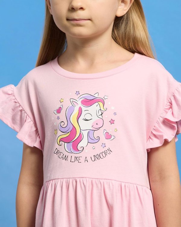 ⁦REDTAG Girls Pink Unicorn Printed Dress⁩ - الصورة ⁦5⁩