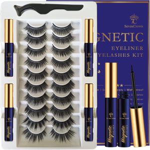 7C SevenCrown 3D Magnetic Eyelashes -10 Pairs High Volume Magnetic Lashes Natural Looking with 4 Tubes of Magnetic Eyeliner - Lightweight,Long Lasting,Reusable Faux Mink Lashes Easy to Apply