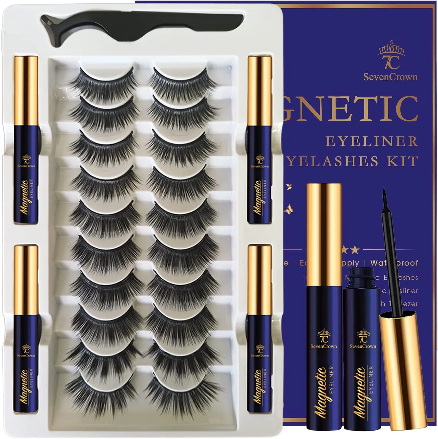 7C SevenCrown 3D Magnetic Eyelashes -10 Pairs High Volume Magnetic Lashes Natural Looking with 4 Tubes of Magnetic Eyeliner - Lightweight,Long Lasting,Reusable Faux Mink Lashes Easy to Apply