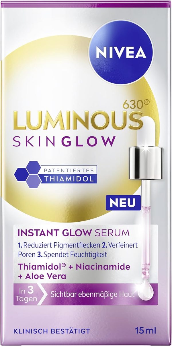 NIVEA LUMINOUS630 Skin Glow Instant Glow Serum, Highly Effective, Lightweight Face Serum for Radiant and Even Skin, Face Care with Thiamidol, Niacinamide & Aloe Vera (15 ml)