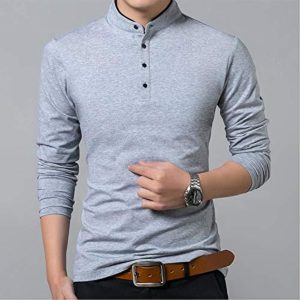 T-Shirt Men Cotton T Shirt Full Sleeve Tshirt Men Solid Color T-Shirts Tops&Tees Mandarin Collar Long Shirt