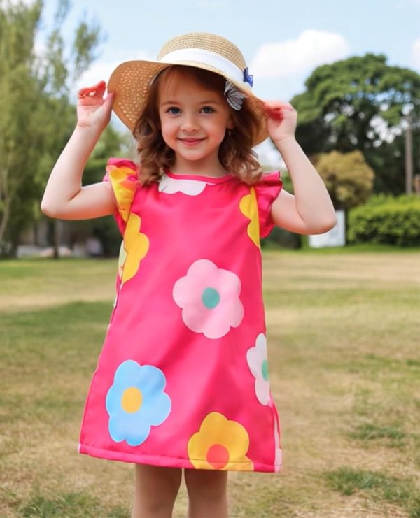 ⁦VeryNew 2-Pack Girls Ruffle Sleeve Dress A-Line Skater Cute Cat Casual Dresses Summer Spring for Kids 4-8 Years⁩ - الصورة ⁦2⁩