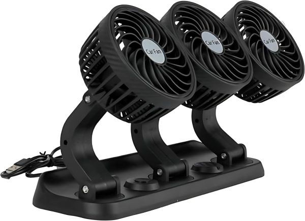 ⁦5V USB Three-Headed Car Fan – 360° Rotatable Auto Cooling Fan for Back Seat, Truck, Van, SUV, RV, Boat, Caravan – Quiet, Powerful Airflow (Black)⁩ - الصورة ⁦2⁩