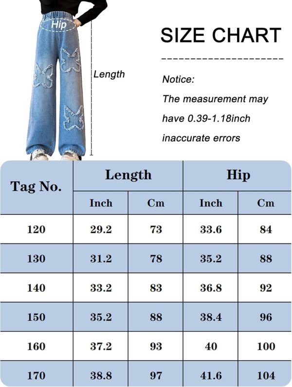 ⁦SEAUR Girls Kids Jeans Loose Wide-Leg Denim Pants Baggy Straight Elastic Waist Ripped Jeans Stretchy Vintage Casual Trousers with Pockets Age 5-14 Years⁩ - الصورة ⁦3⁩