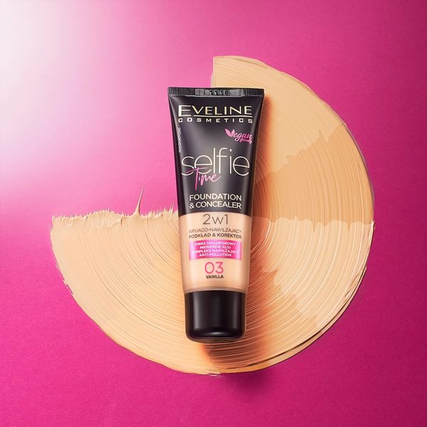 ⁦Eveline Cosmetics Selfie Time Moisturising Foundation & Concealer No. 01 Porcelain - Buildable Coverage, Hyaluronic Acid & Vitamin E, Anti-Pollution Formula, 30 ml⁩ - الصورة ⁦4⁩