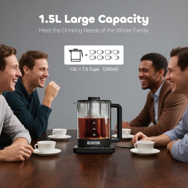 ⁦Aesthetern Electric Kettle with Infuser, Temperature Control and Auto Shut Down, Keeps Warm 24 Hours for Coffee, Water Heater, Black Glass Pot 1.5L⁩ - الصورة ⁦5⁩