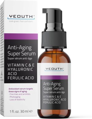 Yeouth Anti-Aging Super Serum, Ferulic Acid,Hyaluronic Acid, Vitamin C & E, 1oz