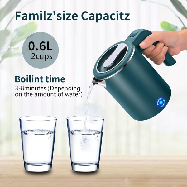 ⁦Small Electric Kettle Stainless Steel, 0.6L Portable Travel Kettle with Double Wall Construction, Mini Hot Water Boiler Heater, Electric Tea Kettle for Business Trip, Camping, Travel, Office (Green)⁩ - الصورة ⁦2⁩