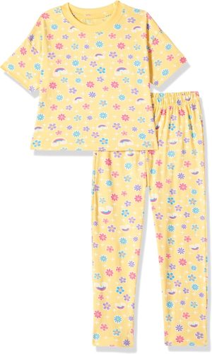 T2F Girls Cotton Printed Oversized Fit Crop Top and Pant Pajama Set