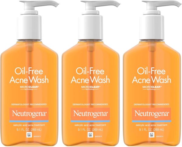 Neutrogena Oil-Free Acne Fighting Facial Cleanser with Salicylic Acid Acne Treatment Medicine, Daily Oil-Free Acne Face Wash for Acne-Prone Skin, 9.1 fl. oz, 3 pk