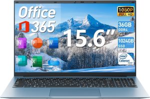 SGIN 15.6 Inch Laptops, Windows 11 Laptop Computers with 36GB RAM 128GB EMMC+1024GB SSD, Celeron N5095 Quad-Core, 1 Year Office 365, WiFi 6, 180° Viewing, USB 3.2, HDMI, Type-C, 7000mAh Battery