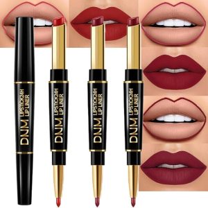 3Pcs Dark Ruby Red Lip Liner and Lipstick Set Kit for Women DNM Matte Matt Mat 24 Hours Lipstick Pen and with Lip Liner Pencil Set Waterproof Long Lasting 24