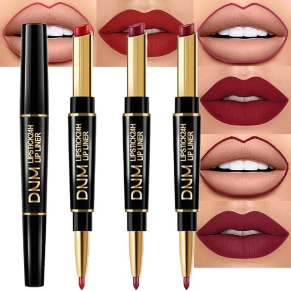 3Pcs Dark Ruby Red Lip Liner and Lipstick Set Kit for Women DNM Matte Matt Mat 24 Hours Lipstick Pen and with Lip Liner Pencil Set Waterproof Long Lasting 24