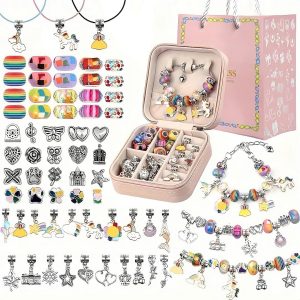 Bracelet Making Kits for Kids 68PCS,Silver Process Charms Bracelets Maker Kit for Girls, Beads for Kids' Pendant, Braclet and Necklace with Jewelry Orgnizer and Gift Bag,Gift for Gilrs 5-12 Years