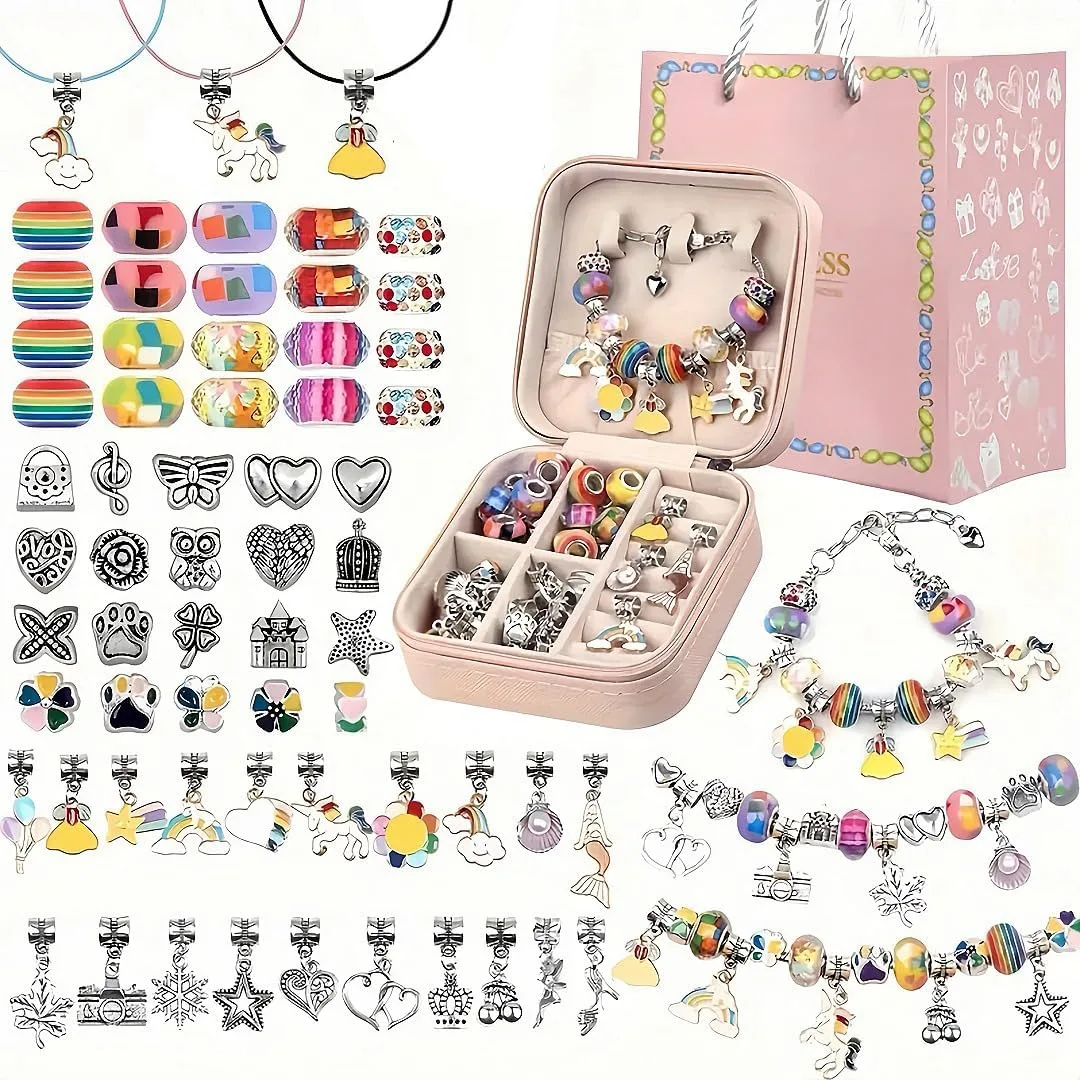 Bracelet Making Kits for Kids 68PCS,Silver Process Charms Bracelets Maker Kit for Girls, Beads for Kids' Pendant, Braclet and Necklace with Jewelry Orgnizer and Gift Bag,Gift for Gilrs 5-12 Years