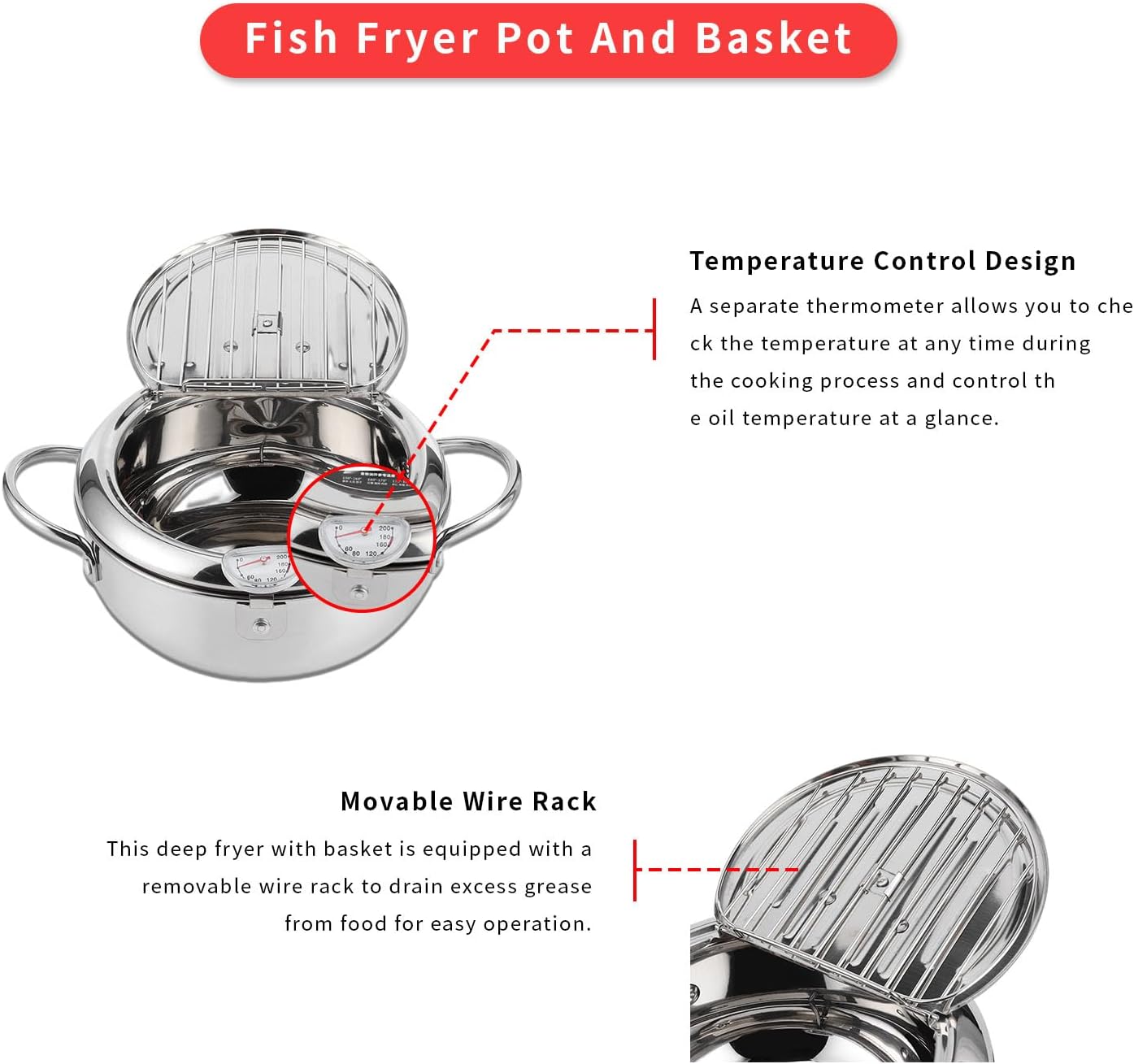 Gugxiom Japanese Deep Frying Pot, Tempura Frying Pot with Thermometer Induction Cooker Compatiblel 24Cm, 304 Stainless Steel Japanese Fry Pot for French Fries Shrimp Chicken and Shri 5 Gugxiom Japanese Deep Frying Pot, Tempura Frying Pot with Thermometer Induction Cooker Compatiblel 24Cm, 304 Stainless Steel Japanese Fry Pot for French Fries Shrimp Chicken and Shri - الصورة 5