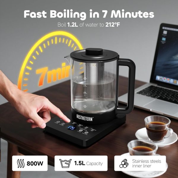 ⁦Aesthetern Electric Kettle with Infuser, Temperature Control and Auto Shut Down, Keeps Warm 24 Hours for Coffee, Water Heater, Black Glass Pot 1.5L⁩ - الصورة ⁦3⁩