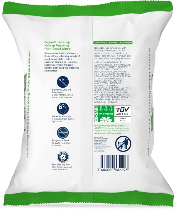⁦CeraVe Hydrating Facial Cleansing Makeup Remover Wipes| Plant Based Face Biodegradable in Home Compost| Wash Cloth| Suitable for Sensitive Skin| Fragrance-free Non-comedogenic| 25 Count⁩ - الصورة ⁦2⁩