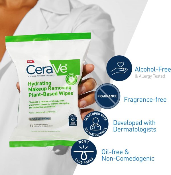 ⁦CeraVe Hydrating Facial Cleansing Makeup Remover Wipes| Plant Based Face Biodegradable in Home Compost| Wash Cloth| Suitable for Sensitive Skin| Fragrance-free Non-comedogenic| 25 Count⁩ - الصورة ⁦5⁩