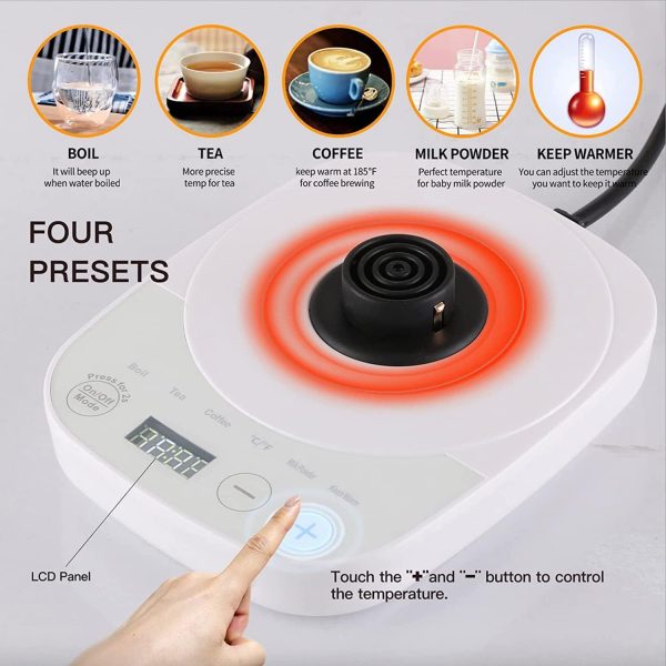 ⁦HI-FINE Electric Kettle, 900ml Ultra Fast Boiling Hot Water Kettle, Gooseneck Stainless Steel Electric Kettle, Automatic Temperature Control and Constant Temperature, 1000W Rapid Heating (White)⁩ - الصورة ⁦5⁩