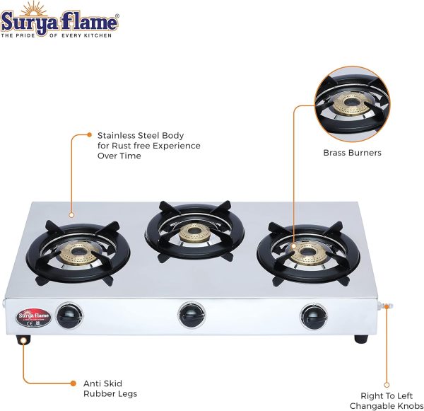 ⁦Surya Flame LPG Gas Stove 3 Burner Stainless steel Triplecook Cooktop With BIS Certified Doorstep Warranty 2 Years (Silver)⁩ - الصورة ⁦4⁩