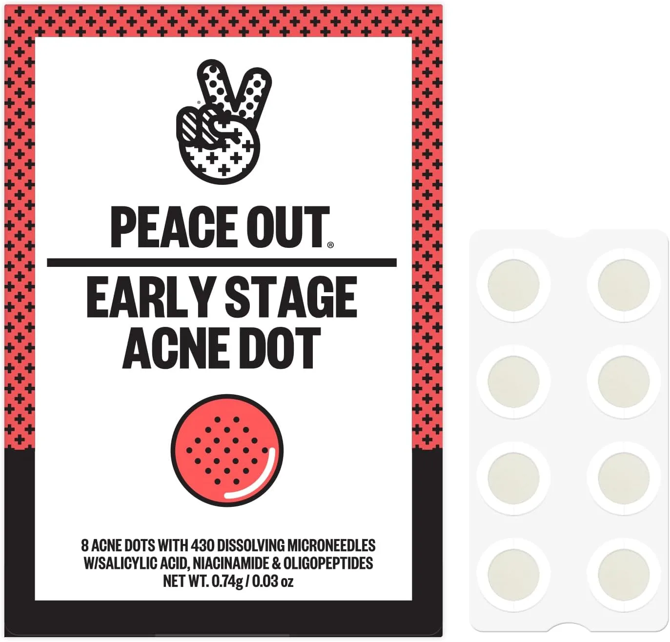 PEACE OUT Early Stage Acne Dots Helps Target Blemishes Below the Surface, Hydrocolloid Pimple Patches Minimize Bumps Before They Appear with Dissolving Microneedles, Salicylic Acid, 8 Count