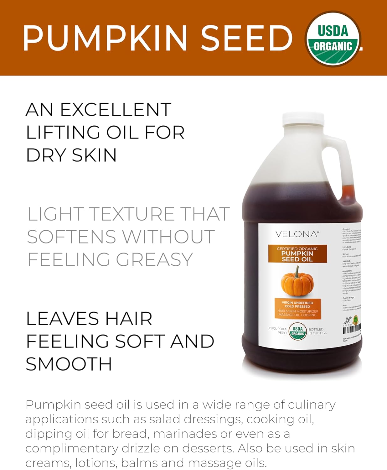velona Pumpkin Seed Oil USDA Certified Organic - 64 oz | 100% Pure and Natural Carrier Oil | Unrefined, Cold Pressed | Cooking, Face, Hair, Body & Skin Care | Use Today - Enjoy Results 2 velona Pumpkin Seed Oil USDA Certified Organic - 64 oz | 100% Pure and Natural Carrier Oil | Unrefined, Cold Pressed | Cooking, Face, Hair, Body & Skin Care | Use Today - Enjoy Results - الصورة 2