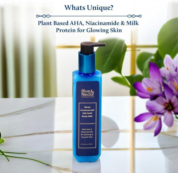 ⁦Blue Nectar 24K Carat Gold Body Milk for Women & Men | with Plant Based AHA & Niacinamide | Moisturizer for Body | All Skin Types (14 Herbs, 200ml)⁩ - الصورة ⁦2⁩