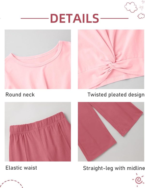 ⁦Gaupafmb Girls Fall Outfits Fashion Solid Long Sleeve Twist Crop Tops and Wide Leg Pants Girls Clothing Set⁩ - الصورة ⁦5⁩