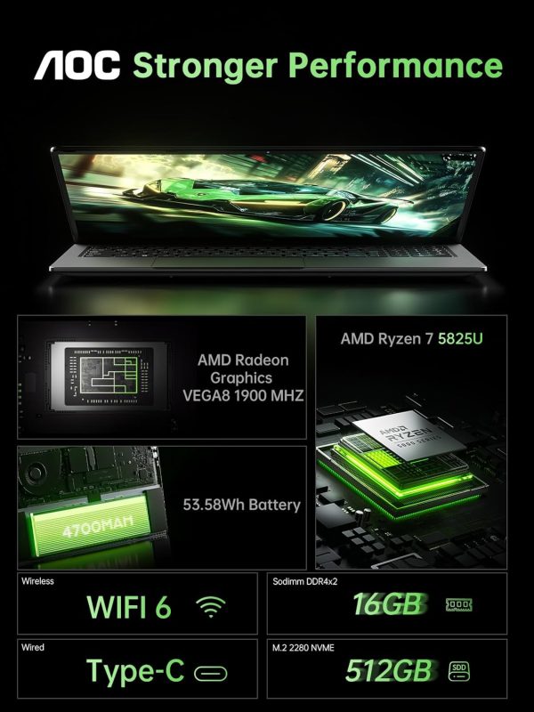 ⁦2025 AMD Laptop Computer with Ryzen 7 5700U (8C/16T, Up to 4.3GHz) Radeon RX Vega 8 Graphics Laptop 16GB RAM 512GB NVMe SSD, Windows 11, 16.1 FHD Display, WiFi 6, 53Wh Battery,HDMI, Webcam, Backlit KB⁩ - الصورة ⁦7⁩