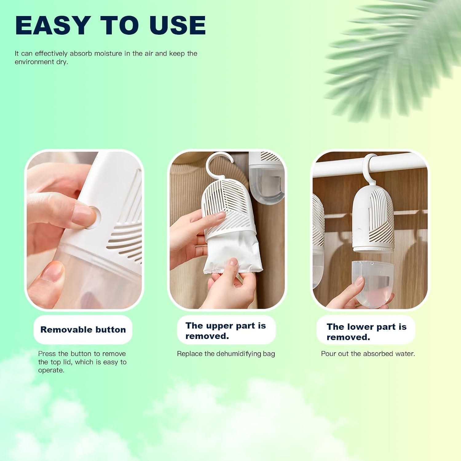 Hanging Moisture Absorber, 360° Ventilation Reusable Dehumidifier for Closet with 4 Refill Bags, Damp Rid Essentials for Wardrobes, Bedrooms and Bathrooms,(Green-2 Packs) 3 Hanging Moisture Absorber, 360° Ventilation Reusable Dehumidifier for Closet with 4 Refill Bags, Damp Rid Essentials for Wardrobes, Bedrooms and Bathrooms,(Green-2 Packs) - الصورة 3