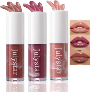 TERRIFI Hydrating & Plumping Lip Gloss with Big Brush Head, Tinted Butter Lip Gloss, Long-Lasting Shimmery Lip Oil for Fuller Lips, Highly Pigmented Moisturizing Lip Glaze (3 Colors, 3 Pcs)