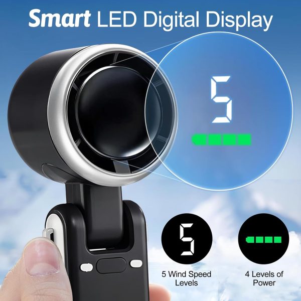 ⁦FOTN Portable Handheld Mini Turbo Fan(12H Standby), USB Rechargeable Travel Desk/Neck Fan with 5 Speeds, 3600mAh Battery & 13000RPM Speed, 3 IN 1 Foldable Personal Mini Fan for Travel/Home Black⁩ - الصورة ⁦4⁩