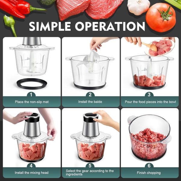 ⁦SKY-TOUCH 3L Electric Grinder Chopper｜300W Meat Processor｜Multi Food Chopper｜2 Speed Levels｜4 Sharp Blades｜for Meat Vegetables Fruits and Nuts｜26*26*28cm｜Use NOTED：2min Overheat Protection｜Detachable⁩ - الصورة ⁦7⁩
