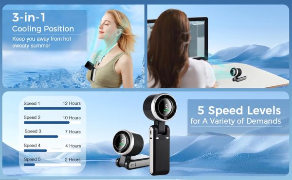 ⁦FOTN Portable Handheld Mini Turbo Fan(12H Standby), USB Rechargeable Travel Desk/Neck Fan with 5 Speeds, 3600mAh Battery & 13000RPM Speed, 3 IN 1 Foldable Personal Mini Fan for Travel/Home Black⁩ - الصورة ⁦8⁩