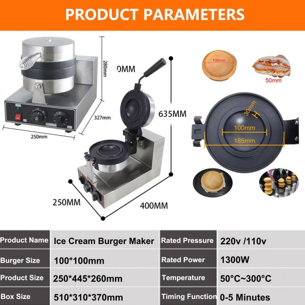 ⁦1300W Electric Burger Making Machine, Stainless Steel Panini Sandwich Hot Press Machine, No Coating, Temperature/Time Control⁩ - الصورة ⁦8⁩