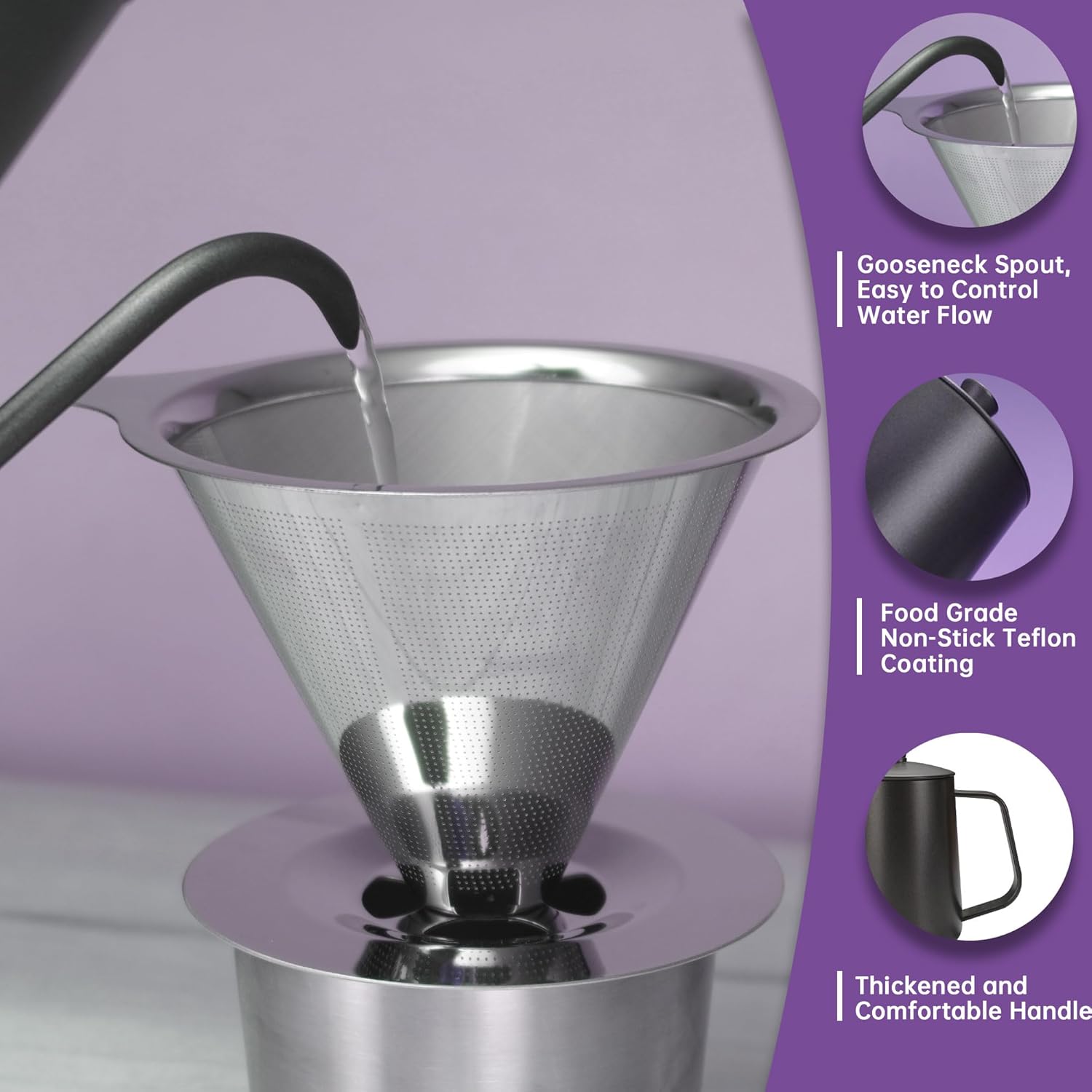 طقم فاخر أدوات v60 عدد 4 قطع غلاية ستيل معكوفة, فلتر دائم ستيل 304, كوبين ستيل عازلة للحراره 5 طقم فاخر أدوات v60 عدد 4 قطع غلاية ستيل معكوفة, فلتر دائم ستيل 304, كوبين ستيل عازلة للحراره - الصورة 5