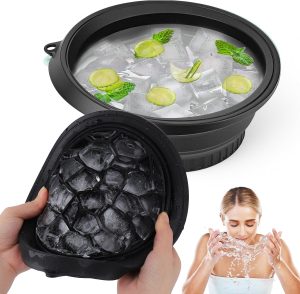 Ice Face Bowl with Built-In Tray, Silicone Foldable & Hanging Facial Plunge Bowl Portable Face Ice Bath at Home and Travel (1, Black)