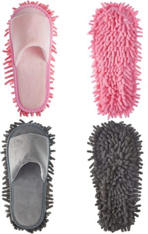 Cleaning Floor Slippers, SYOSI, 2 Pairs for Floor Cleaning Microfiber Mop Shoes Men and Women Washable Unisex Dusting Slippers (Grey and Pink, M)