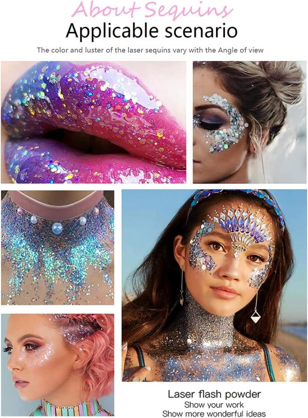 ⁦Aerbee Body Face Glitter Gel, 2 PCS Sparkling Body Glitter Gel Makeup for Face Nail Eye Lip Hair, Beautiful Shining Cosmetic Eyeshadow Glitter for Festival Party Art DIY⁩ - الصورة ⁦3⁩