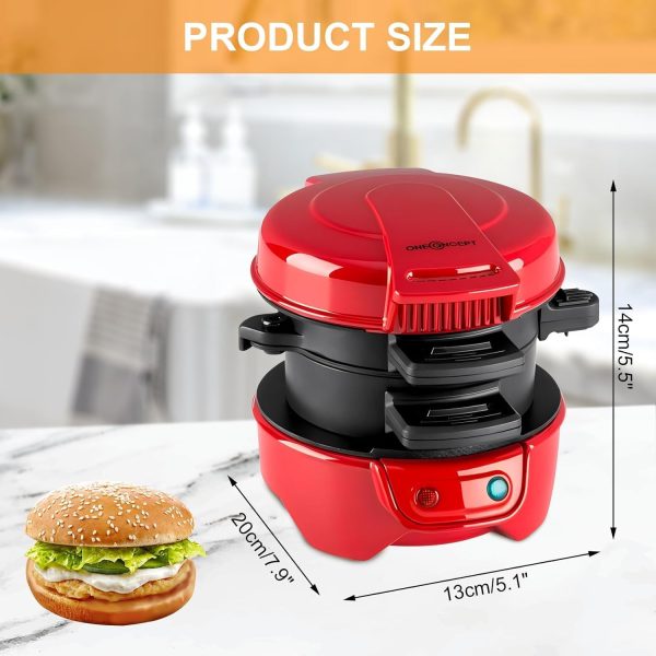 ⁦Electric 600W hamburger sandwich maker Toaster Round barbecue burger maker with egg cooking ring for breakfast-RED⁩ - الصورة ⁦7⁩