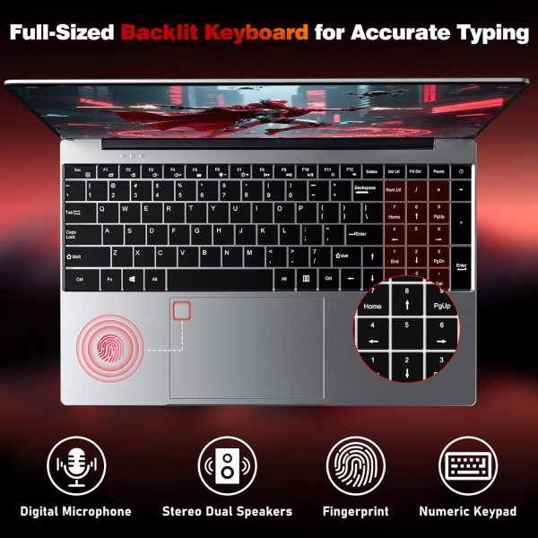 ⁦NAIKLULU 15.6 Inch Laptop, 7430 Processor (up to 4.3GHz), 16GB RAM 1TB SSD, Radeon Graphics, 1920 * 1080 IPS FHD, 6000mAh Battery, WiFi 5, BT5.0, Backlit Keyboard, Fingerprint Reader, Win 11⁩ - الصورة ⁦3⁩