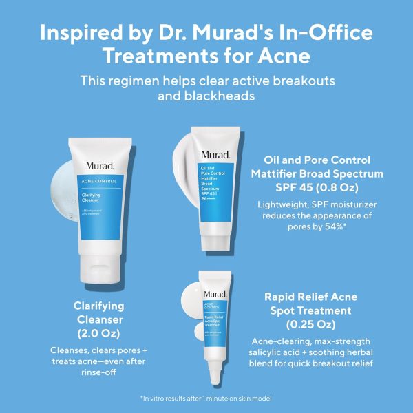 ⁦Murad Acne Trial Kit - Clear Breakouts + Control Oil 3-Piece Trial Kit ($50 Value) - Clarifying Cleanser 2Fl Oz, Rapid Relief Acne Treatment 0.25Fl Oz, Oil & Pore Mattifer SPF 45 0.8Fl Oz⁩ - الصورة ⁦3⁩