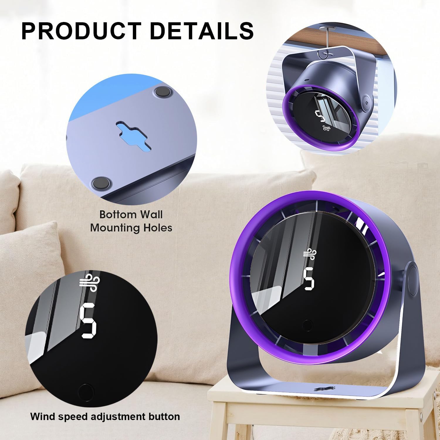 KRCIQMV Table Wall Ceiling Fan 1800mAh USB Rechargeable - 5-Speed Hands-Free Cooktop Cooler, Oil-Proof ABS, 180° Tilt, Purple Desk Fan for Office Home 5 KRCIQMV Table Wall Ceiling Fan 1800mAh USB Rechargeable - 5-Speed Hands-Free Cooktop Cooler, Oil-Proof ABS, 180° Tilt, Purple Desk Fan for Office Home - الصورة 5