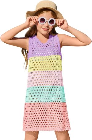 Haloumoning Girls Color Block Crochet Knit Swim Cover up Kids Summer Sleeveless Beach Dress 5-14 Years